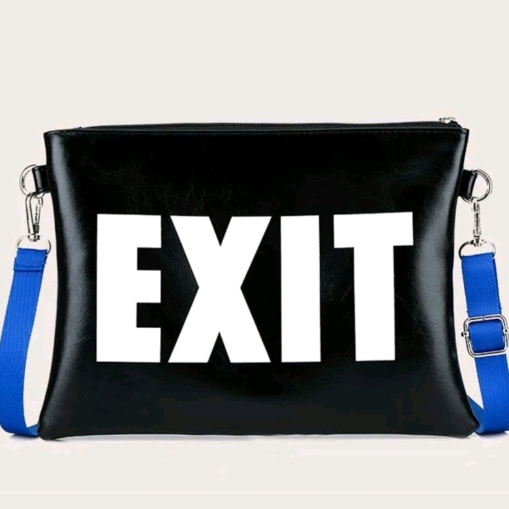 Black and Blue Crossbody Bag with EXIT Print